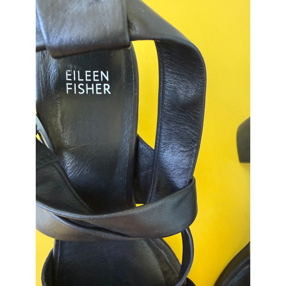 Eileen Fisher Black Leather Strappy Block Heel Sandals Vero Cuoio Italian 8.5 - Picture 3 of 8